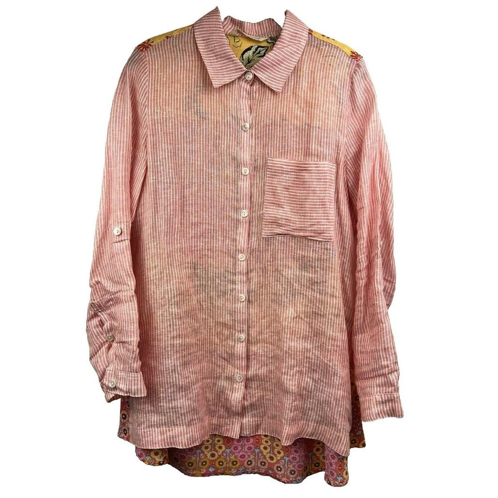 Soft Surroundings Galina Tunic‎ Large Floral Bohemian Striped Linen Mixed Media